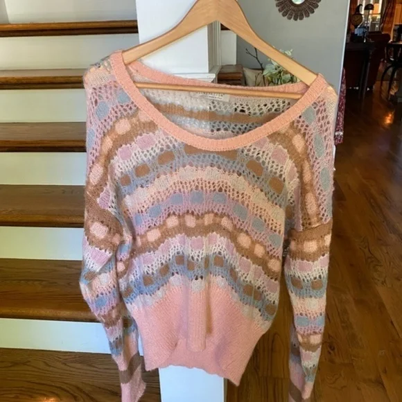 Anthropologie Lineamaglia Pink Crochet Sweater M/L - Picture 7 of 13